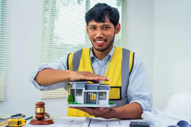 Professional reading a construction blueprint with plans, dimensions, and technical details