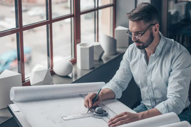 Professional drafter preparing detailed building plans and construction drawings