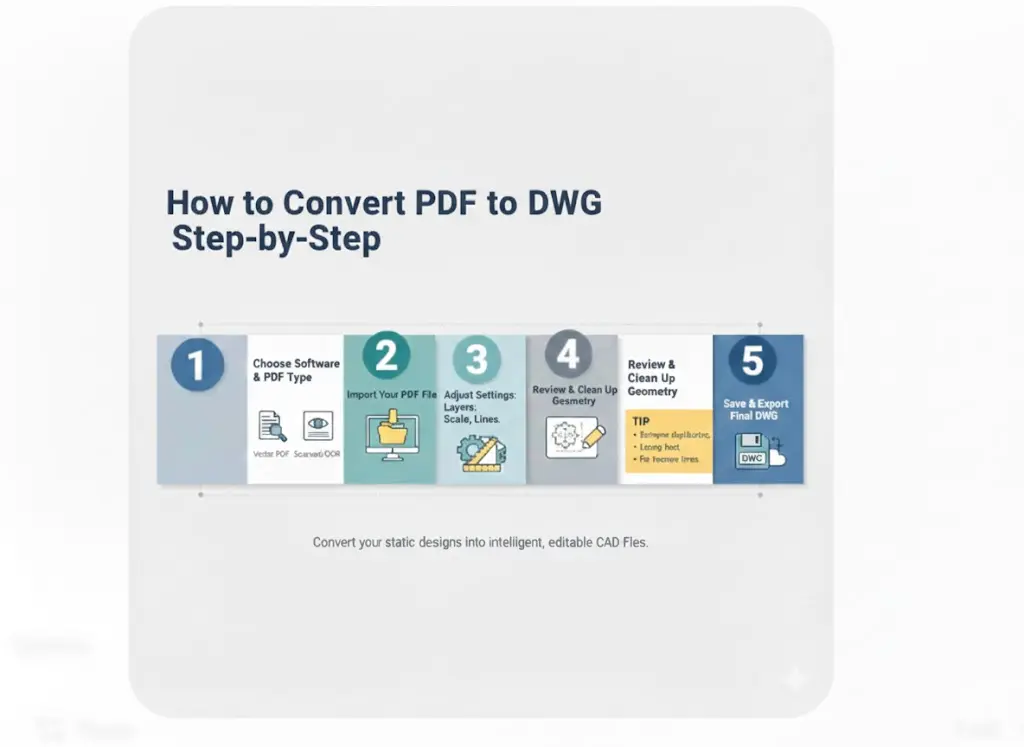 5 professional steps for PDF to DWG conversion, including choosing software, importing, adjusting settings, cleaning up, and saving