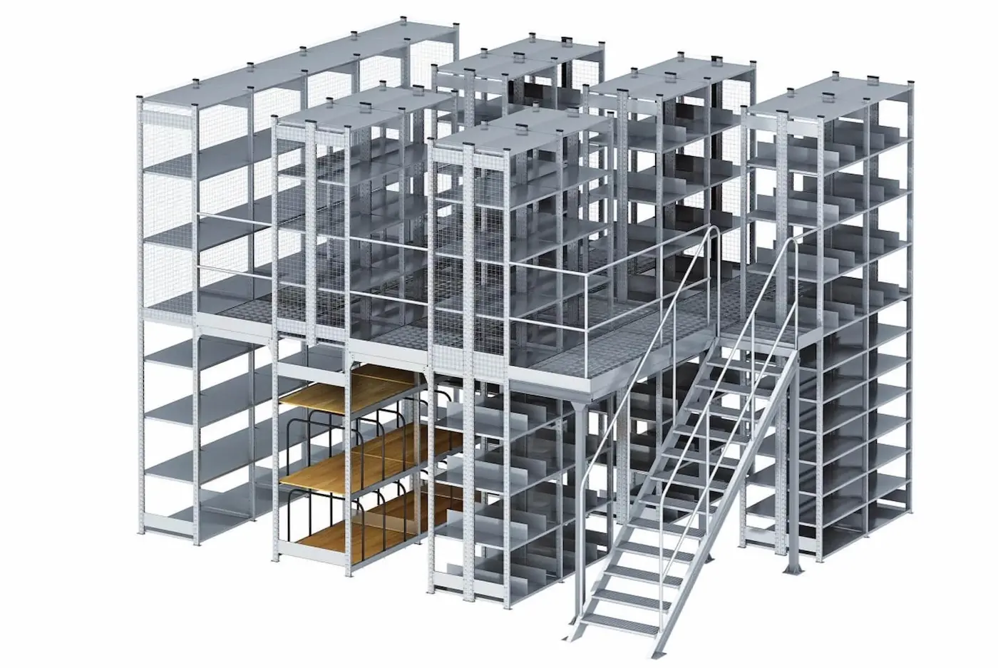 A two-level industrial shelving system (mezzanine) with metal racks