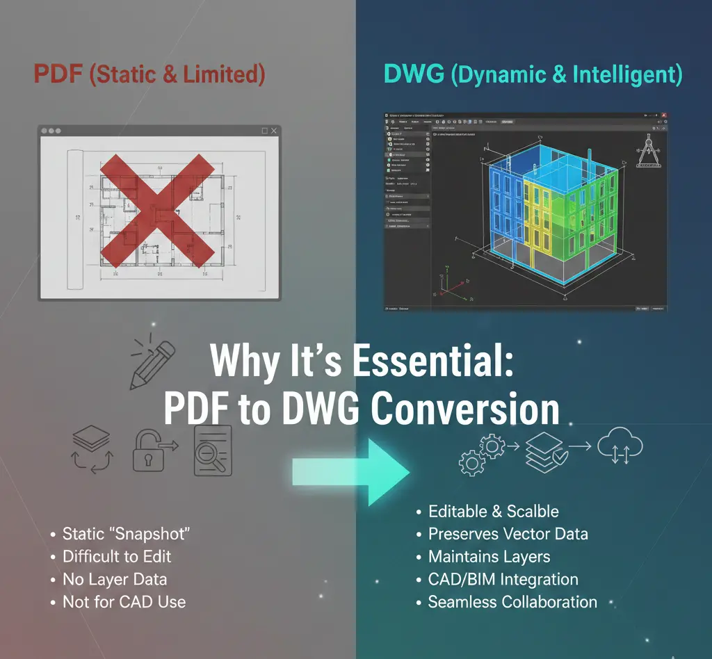 An infographic contrasting static PDF with dynamic DWG, highlighting why converting PDF to DWG is essential for drafting.