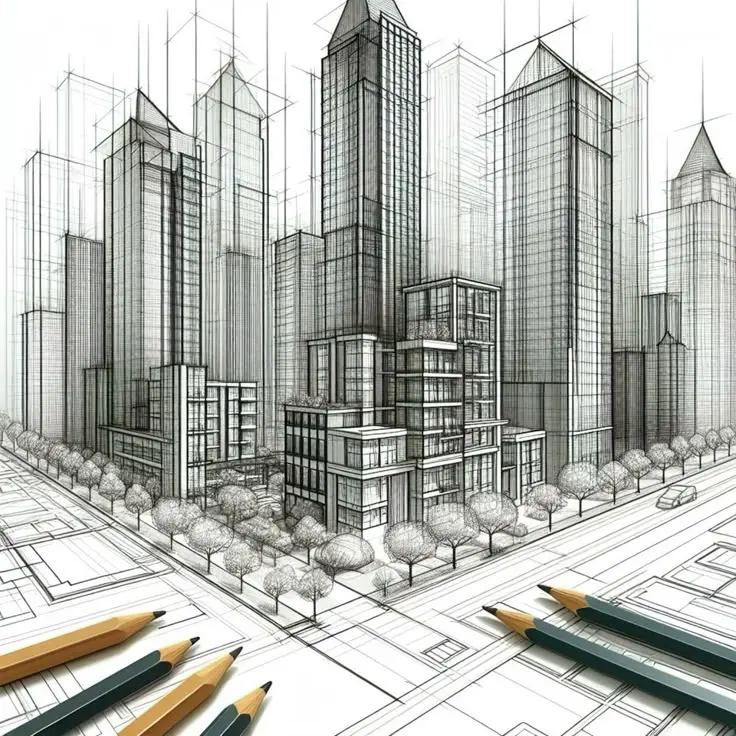 Detailed architectural sketch of a modern city skyline and urban development, featuring pencils on a blueprint overlay.