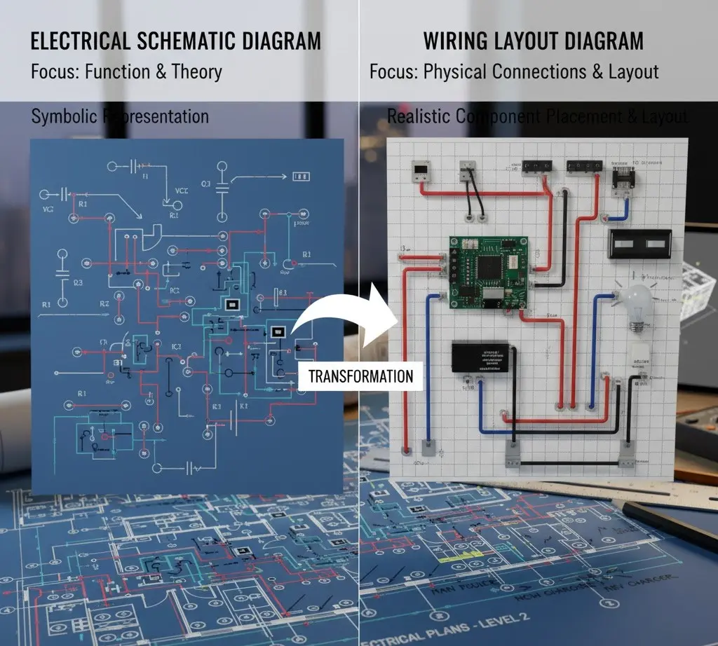 Comparison between a residential electrical diagram and a physical wiring diagram for home construction