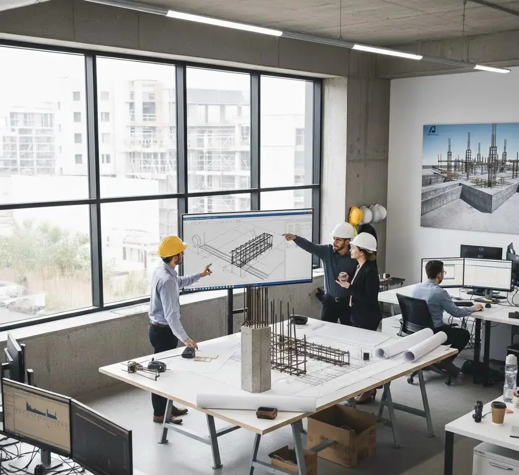 Engineering team in an office analyzing 3D structural models and blueprints for rebar detailing projects.