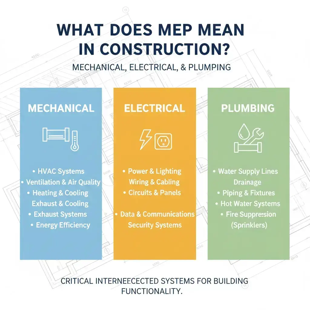 Infographic explaining what MEP mean in construction, detailing Mechanical, Electrical, and Plumbing systems