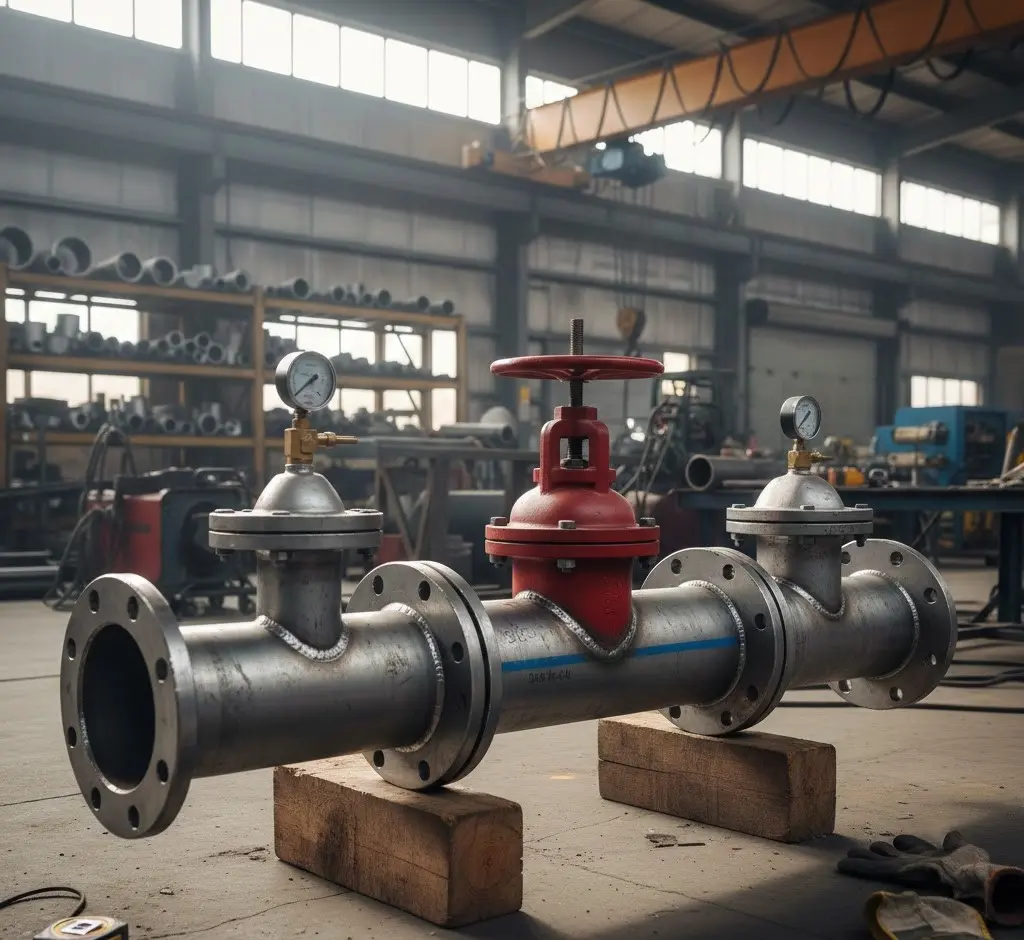 A detailed pipe spool with flanges, valves, and pressure gauges, ready for industrial installation