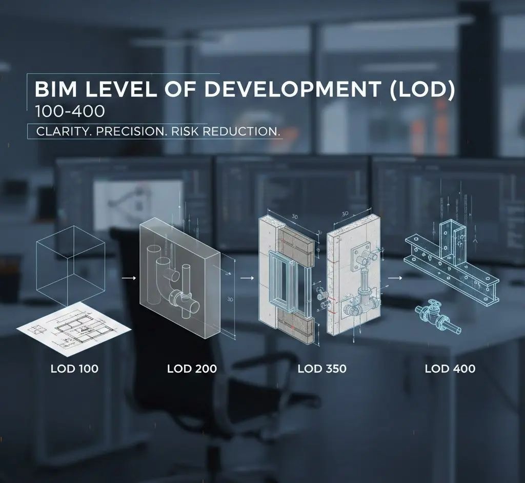BIM Level of Development (LOD) 100-400 shows model progression. From conceptual to fabrication-ready, each level of development adds precision
