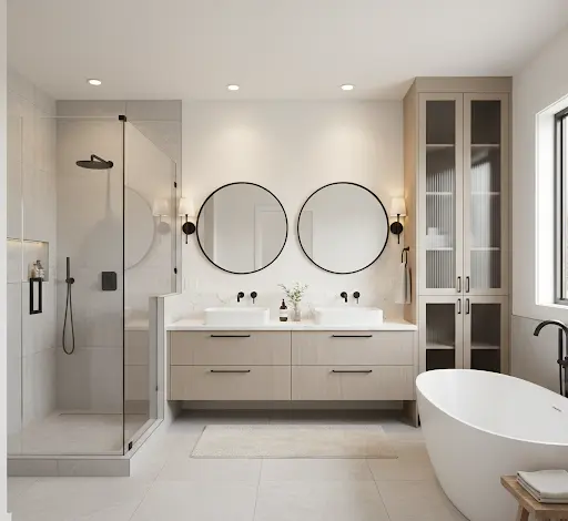 Essential for simultaneous use, often featuring separate sinks and mirrors to provide personal space for each user.