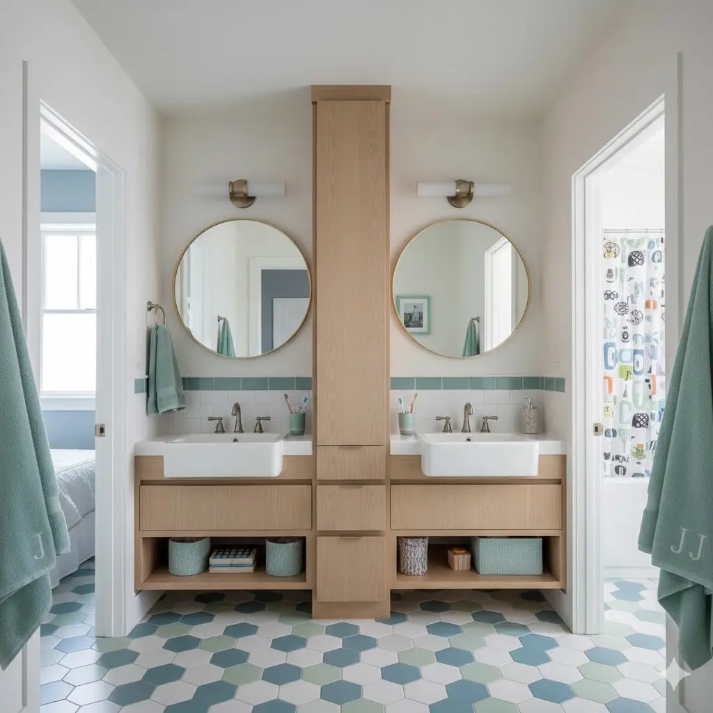 Modern Jack and Jill Bathroom with double vanities, round mirrors, and dual bedroom entrances for shared accessibility.