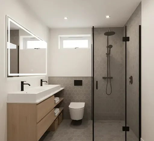 Modern Jack and Jill bathroom size with a long floating vanity, dual sinks, and multiple doors for bedroom access.