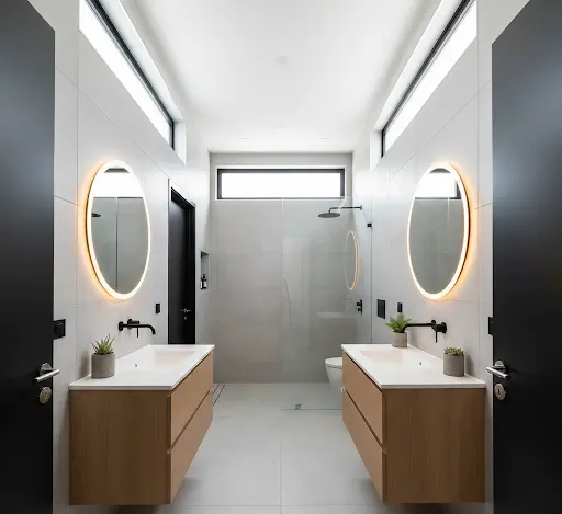 Modern jack and jill bathroom ideas featuring a light wood double vanity, blue and green hexagonal floor tiles, and two separate bedroom entrances.