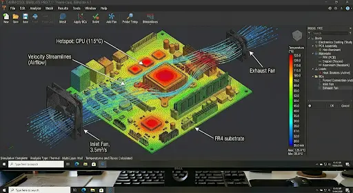 Electronics Cooling simulation of a PCB showing velocity streamlines, airflow from fans, and CPU hotspots at 115°C