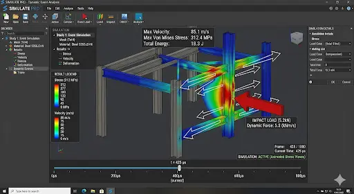 Event Simulation of an impact load on a steel frame structure, showing dynamic stress waves and deformation.