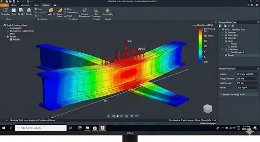 FEA Analysis simulation showing the stress and deformation of a cantilevered I-beam under uniform load in Autodesk Fusion 360.