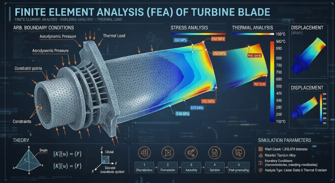 Finite Element Analysis (FEA) visualization on a turbine blade, showing detailed stress and thermal gradients.