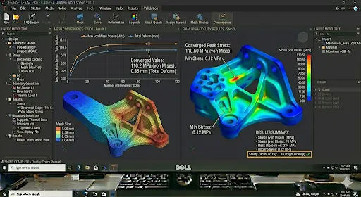 Finite Element Method (FEM) mesh convergence study and stress analysis on a high-fidelity mechanical bracket model.