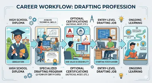 Infographic of a drafting career workflow from high school and specialized programs to certifications and entry-level jobs.