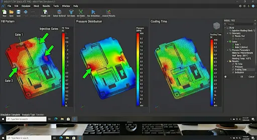 Injection Molding simulation results for fill pattern, pressure distribution, and cooling time on a plastic part.