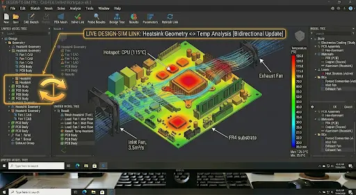 Live Integrated CAD Workflow showing bidirectional updates between heatsink geometry and thermal analysis simulation.