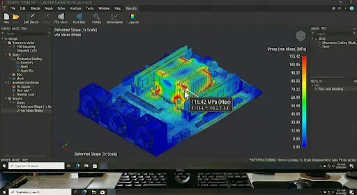 Post-Process results showing Von Mises stress distribution on a PCB assembly with a maximum stress of 115.42 MPa.