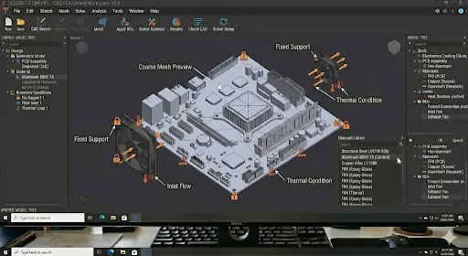 Pre-Process setup showing coarse mesh preview, fixed supports, and thermal conditions on a PCB assembly model.