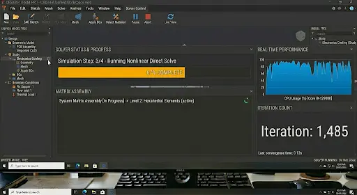 Simulation Process dashboard showing 67% completion of a nonlinear direct solve with real-time CPU performance tracking