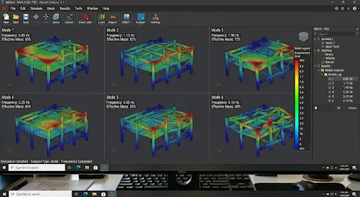 Six different vibration modes and Modal Frequencies of a structural frame shown in Modal Analyzer Pro simulation