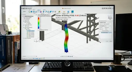 Structural Buckling analysis in Autodesk Fusion 360 showing critical load factor and displacement on a steel column.