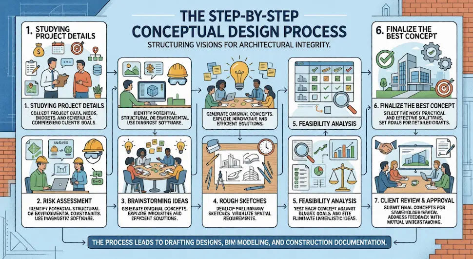 A flowchart infographic outlining the step-by-step process of what is conceptual design in engineering and drafting