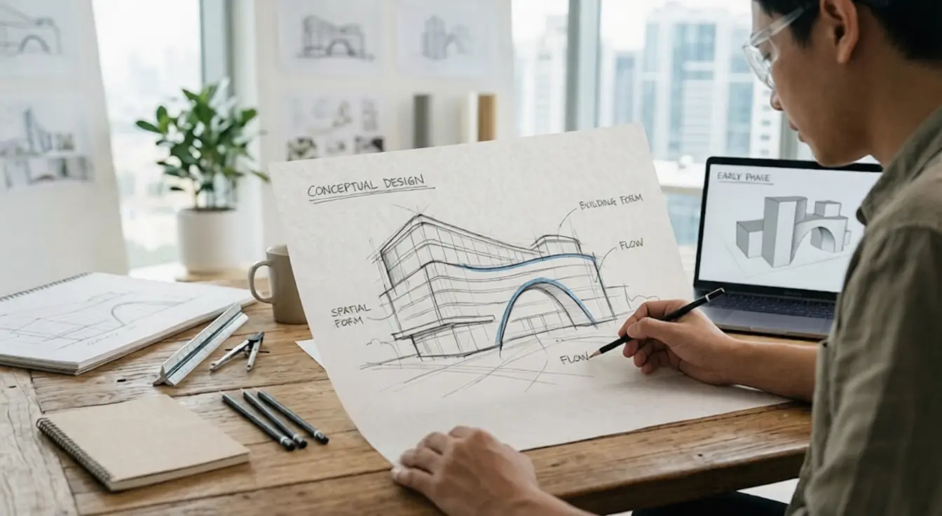 An architect sketches building ideas on paper during the conceptual design phase