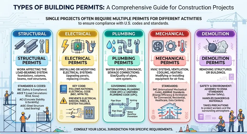 Learn what is a building permit via an infographic on structural, electrical, plumbing, mechanical, and demolition types