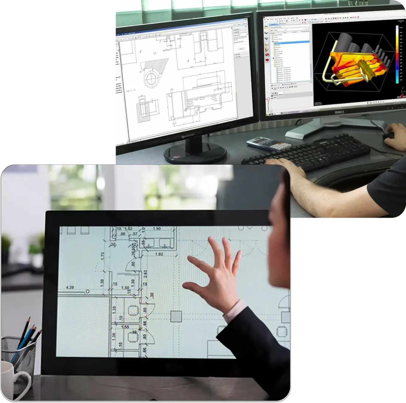 Professional workflow showing a PDF to CAD Conversion scaled on monitors with 3D modeling and architectural blueprints