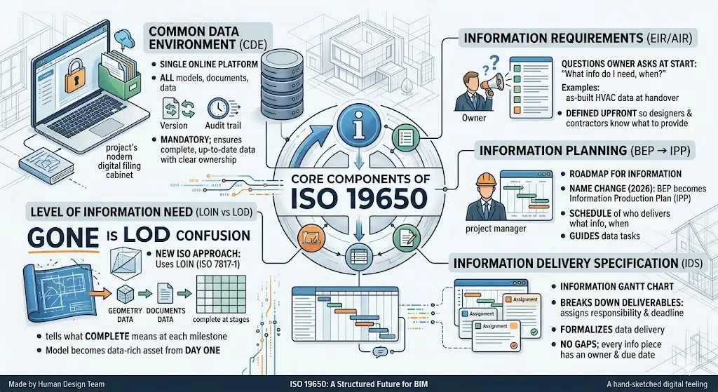 nfographic detailing Core Components of ISO 19650 CDE, EIR, AIR, IPP, IDS, and LOIN for BIM projects