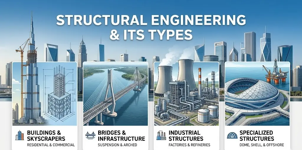A chart showcasing types of structural engineering like skyscrapers, bridges, and industrial and specialized buildings