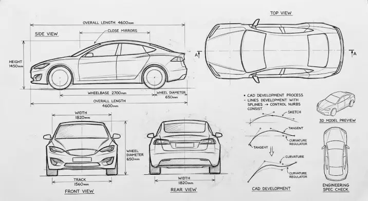 Multi-view 2D CAD technical drawing of a sedan showing vehicle dimensions, splines, and control points.