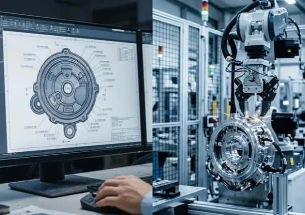 A split-screen image showing a detailed mechanical blueprint with technical annotations on one side and a high-precision robotic arm assembling the part on the other.