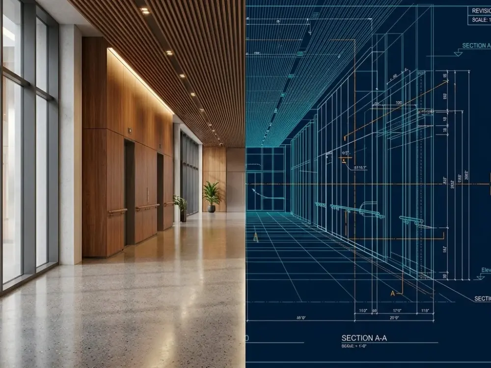 A professional split-view image showing a sleek, modern interior hallway on one side and a detailed digital CAD blueprint with technical annotations on a deep navy blue background on the other.