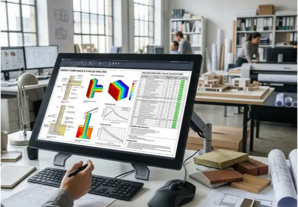 Building energy compliance data on monitor.