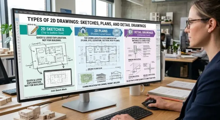 Ultrawide computer monitor displaying an infographic on types of 2D drawings—sketches, plans, and detail drawings—being viewed by a designer at her desk.