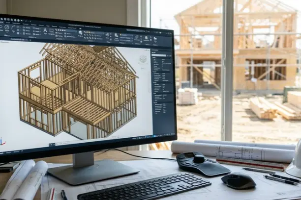 A CAD monitor showing a technical 3D model of a house's internal wood framing, with a blurred residential construction site in the background.