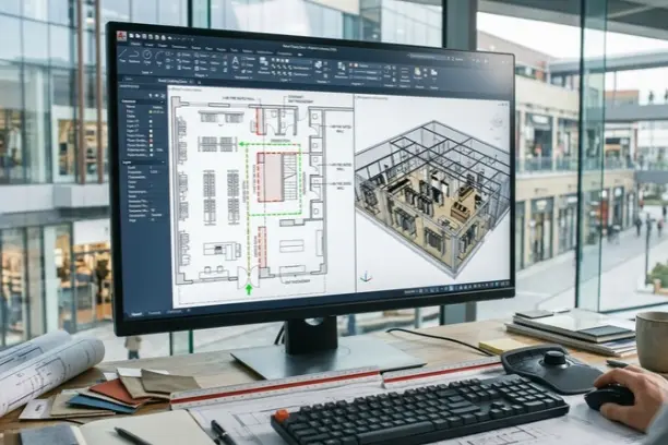 A CAD monitor showing a technical retail store layout with highlighted emergency exit routes and fire-safety annotations, with a modern retail space visible in the background.