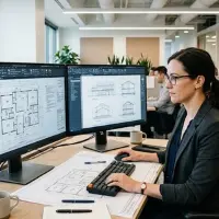 professional drafter working at a modern office desk with dual monitors displaying detailed 2D CAD architectural blueprints and floor plans.