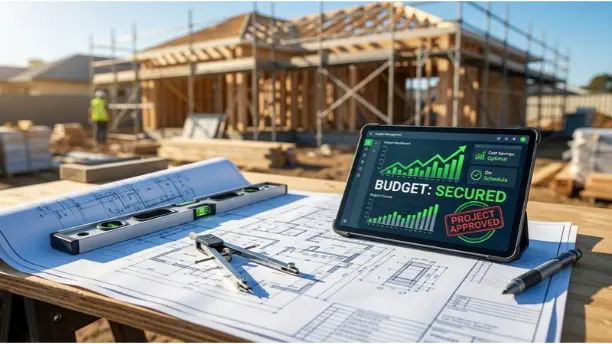 A close-up of architectural blueprints on a desk with a digital tablet displaying green financial charts, a chrome compass, and a 'Project Approved' digital notification.