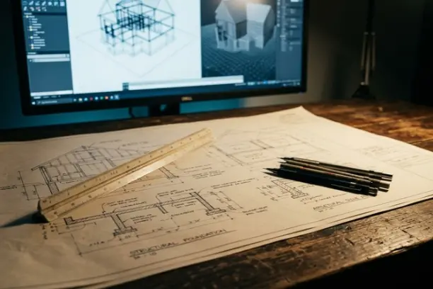 A close-up of a wooden desk with architectural scale rulers and technical blueprints, with a computer monitor showing a 3D model in the soft-focus background.