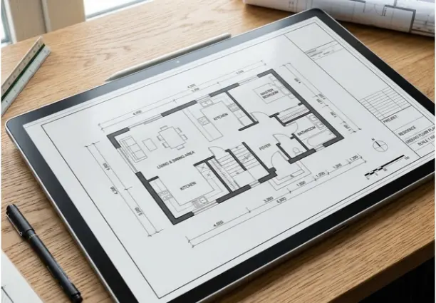 Tablet showing dimensioned house plan