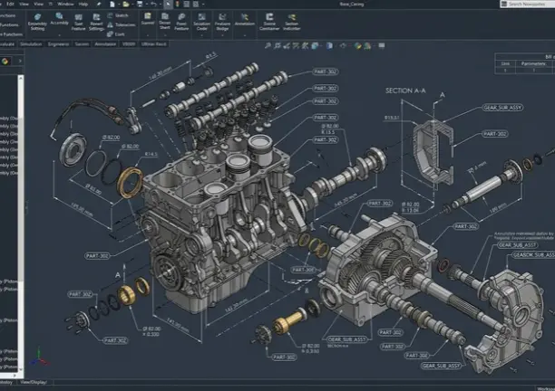 A high-tech CAD interface displaying an exploded 3D model of an industrial engine with precise technical callouts and mechanical dimensions.