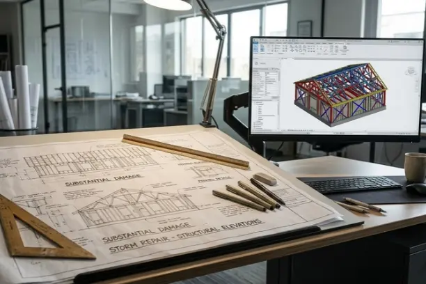 A modern architectural workstation showing paper blueprints of a building's elevation next to a digital monitor with a 3D structural model.