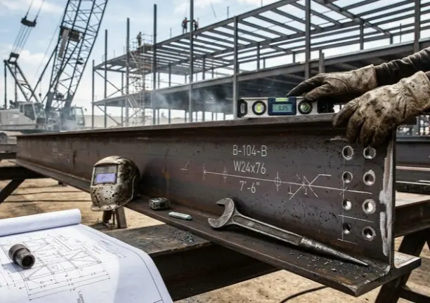 A detailed view of a structural steel I-beam with etched markings being checked with a digital level on a sunny construction site.
